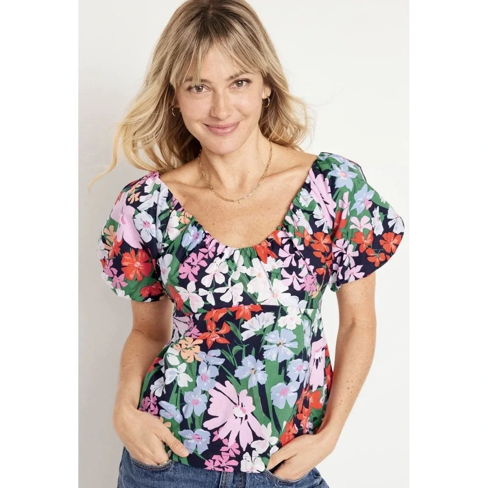 Old Navy Women's Black Floral Puff Sleeve‎ Blouse Cottagecore Size Large New